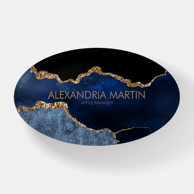 Stylish Modern Navy Blue Gold Glitter Office Paperweight (Front)