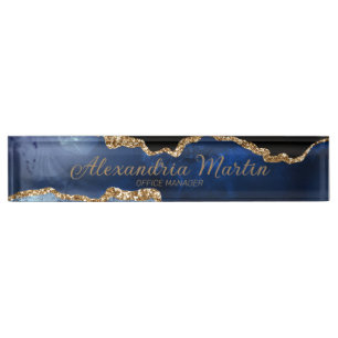 Stylish Modern Navy Blue Gold Glitter Script Font Desk Name Plate