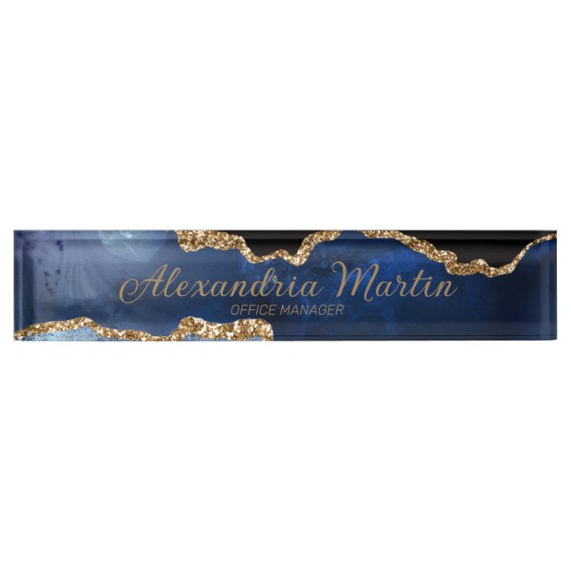 Stylish Modern Navy Blue Gold Glitter Script Font Desk Name Plate (Front)