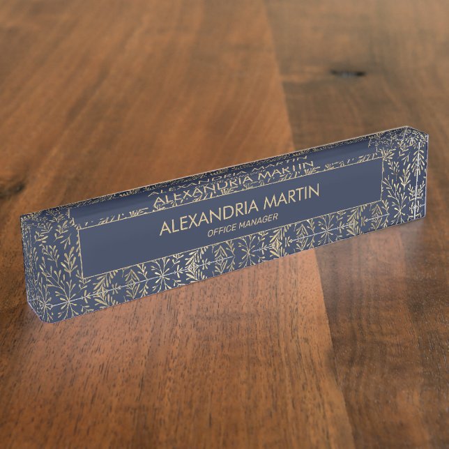 Stylish Modern Navy Blue Gold Leaves Professional  Desk Name Plate (Side)