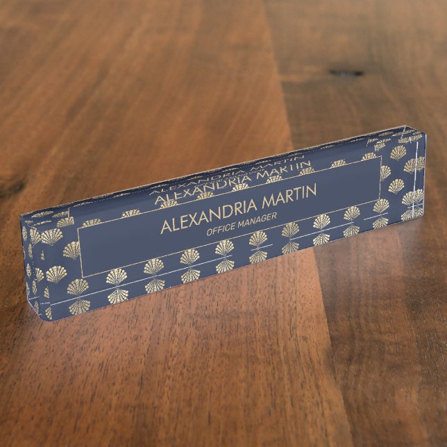 Stylish Modern Navy Blue Gold Seashells Beach Desk Name Plate (Side)