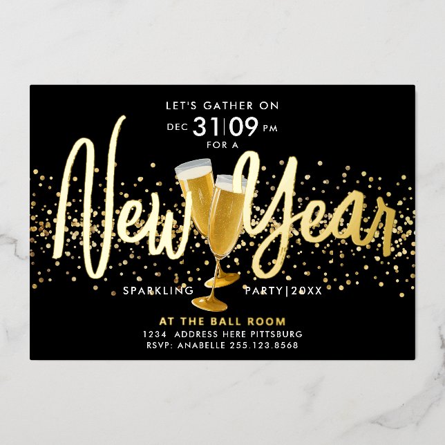 Stylish Modern New Year Champagne Confetti Black Foil Holiday Card (Front)