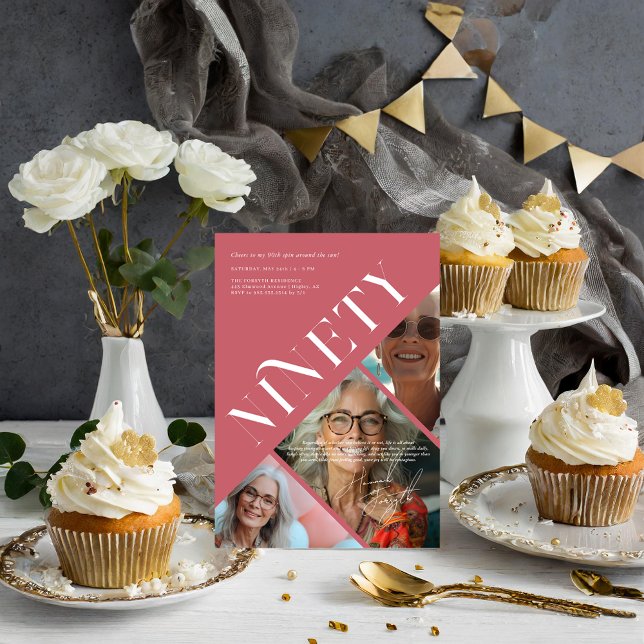Stylish Modern Ninety | 90th Birthday 3 Photo Invitation (Creator Uploaded)