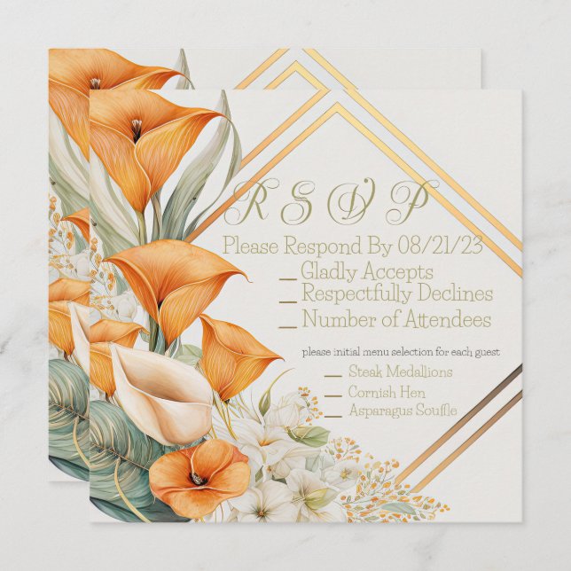 Stylish Modern Orange and Ivory Calla Lily RSVP Note Card (Front/Back)