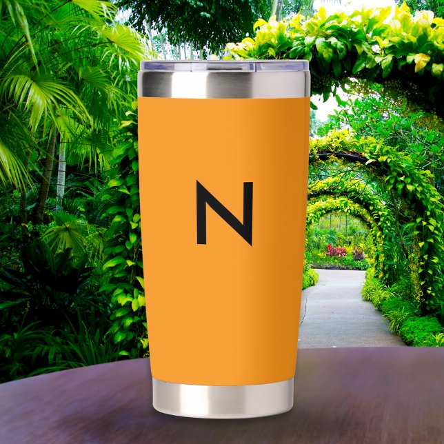 Stylish Modern Orange Monogrammed Custom Initial Insulated Tumbler (An orange thermal tumbler with black monogram initial in a modern minimalist style)