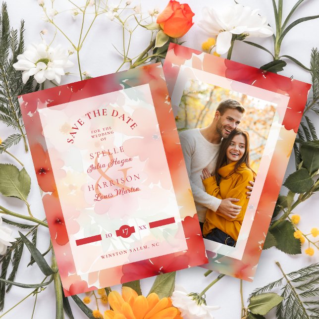 Stylish Modern Orange & Red Shades Floral Wedding Save The Date (Stylish Modern Orange & Red Shades Floral Design Wedding Save the Date Card with Envelope. )