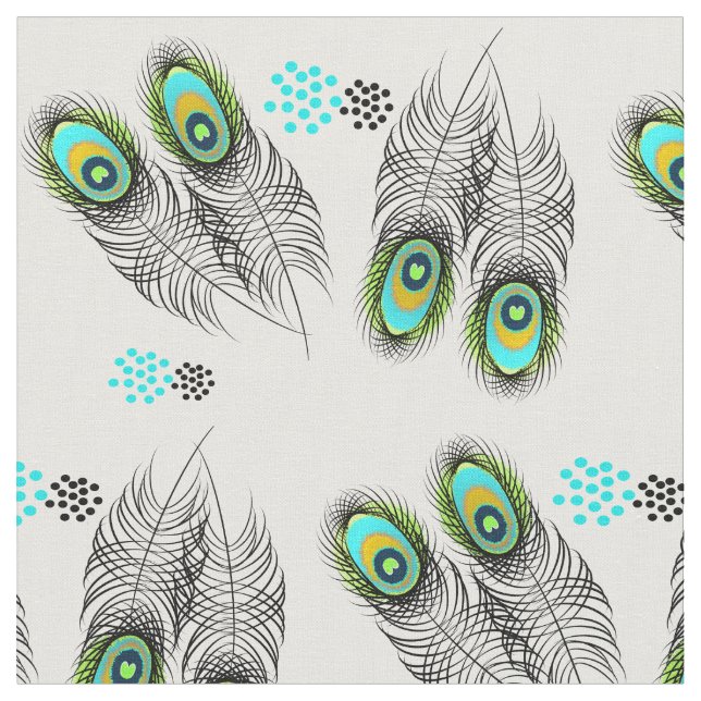 Stylish Modern Peacock Feathers and Spots Pattern Fabric (Close Up)