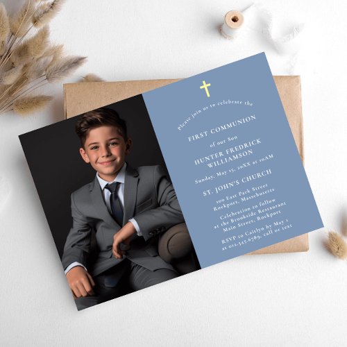 Stylish modern photo blue  First Communion Invitation