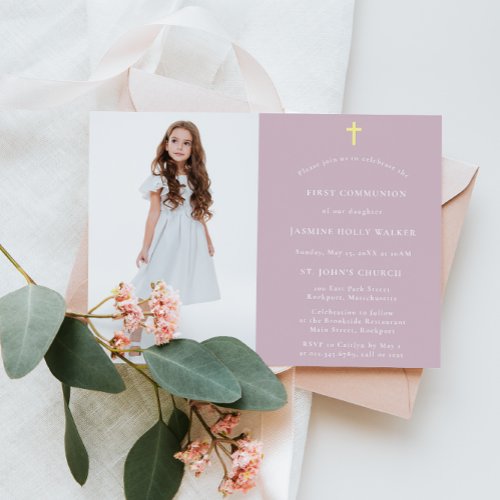 Stylish modern photo Pink First Communion Invitation