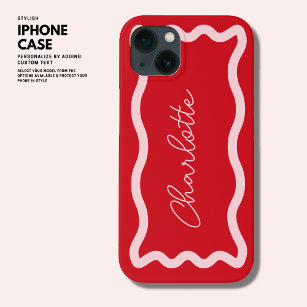 Stylish Modern Pink and Red Monogram Retro Wave iPhone 13 Case