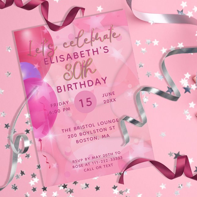 Stylish Modern Pink Balloons 30th Birthday Party Invitation (Creator Uploaded)