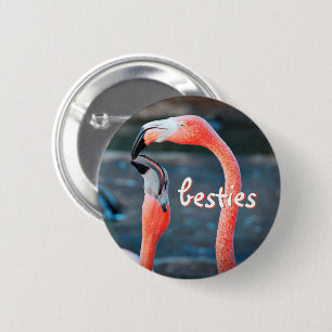 Stylish Modern Pink Flamingos Photo Besties Script Button