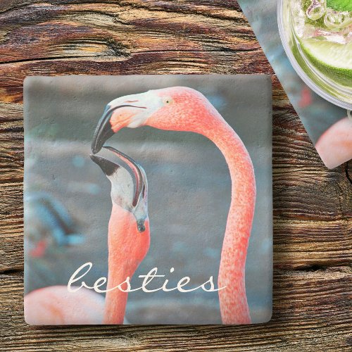 Stylish Modern Pink Flamingos Photo Besties Script Stone Coaster