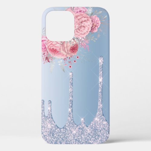 Stylish modern pink floral blue glitter drips iPhone 12 pro case