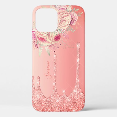 Stylish modern pink floral coral glitter drips iPhone 12 case