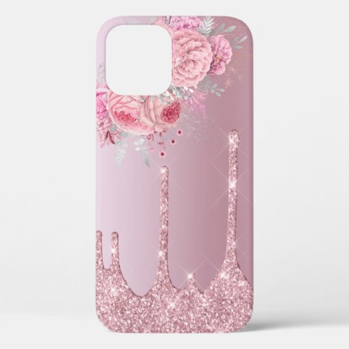 Stylish modern pink floral rose gold glitter drips iPhone 12 pro case