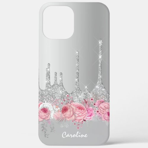 Stylish modern pink floral silver glitter drips iPhone 12 pro max case