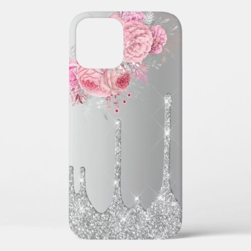 Stylish modern pink floral silver glitter drips iPhone 12 pro case
