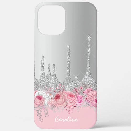 Stylish modern pink floral silver glitter drips iPhone 12 pro max case