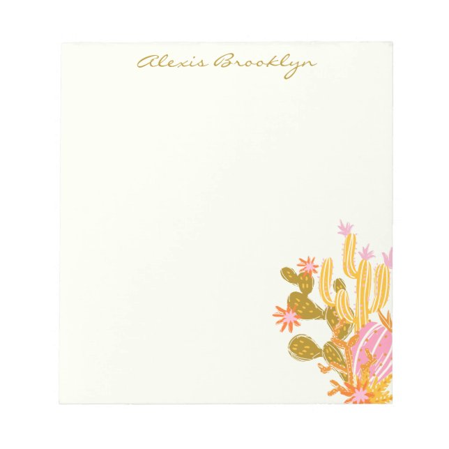 Stylish Modern Pink Green Cactus Personalized Name Notepad (Front)