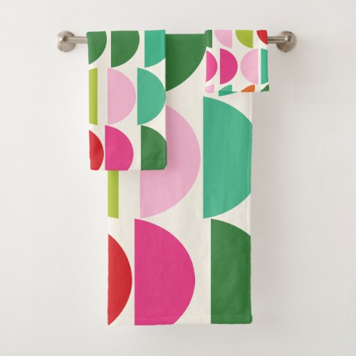 Stylish Modern Pink Green Red Geometric Pattern Bath Towel Set