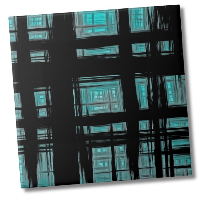 Stylish Modern Plaid Pattern Ceramic Tile (Stylish Abstract Turquoise Black Plaid Pattern ceramic tile)