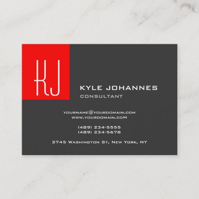 Stylish Modern Plain Monogram Grey Red Business Card (Front)