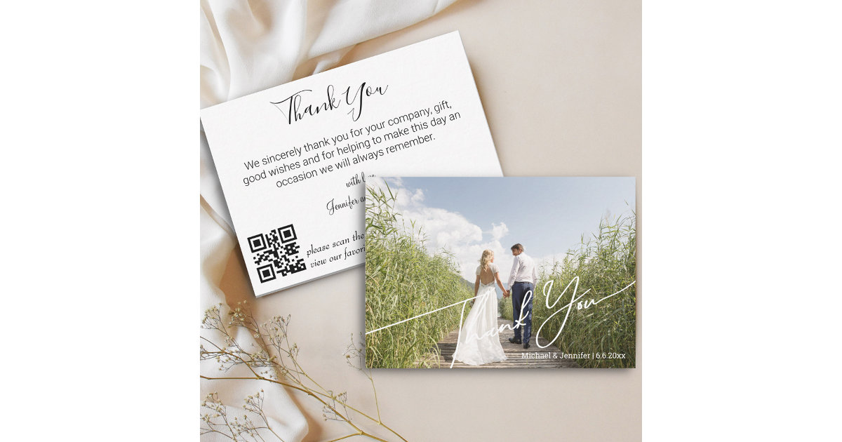 stylish modern qr code wedding photo thank you note card | Zazzle