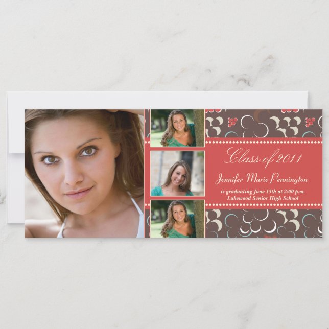 Stylish modern red 4 photo graduation announcement (Front)