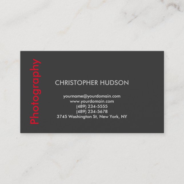 Stylish Modern Red Gray Photography Business Card (Front)