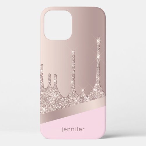 Stylish modern rose gold glitter drips pink custom iPhone 12 case