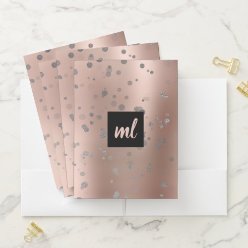 Stylish modern rose gold silver confetti dots pocket folder