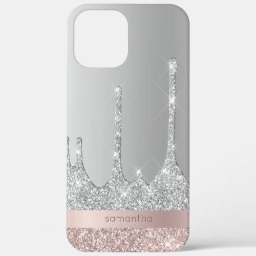 Stylish modern rose gold silver glitter drips iPhone 12 pro max case