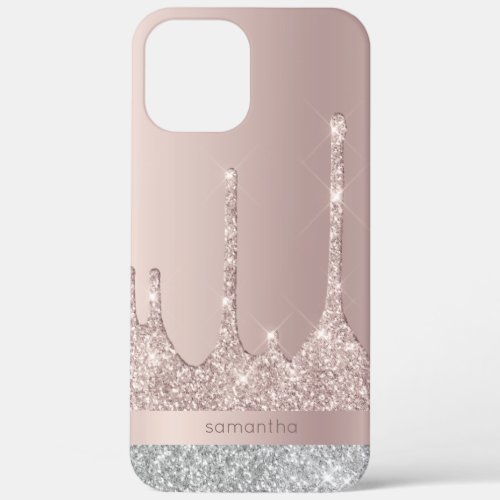 Stylish modern rose gold silver glitter drips iPhone 12 pro max case