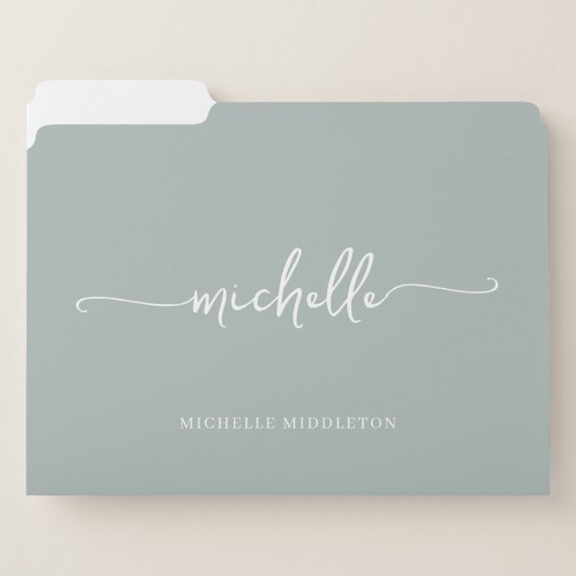 Stylish Modern Sage Green Custom Name Script File Folder (Front Left)