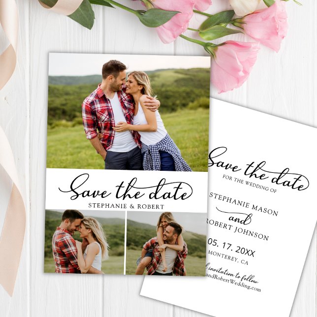 Stylish Modern Script 3 Photo Collage Wedding Save The Date (Creator Uploaded)