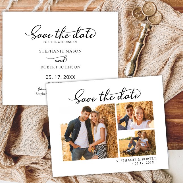 Stylish Modern Script 3 Photo Collage Wedding Save The Date (Creator Uploaded)