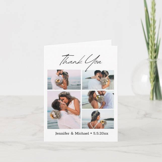 stylish modern script 5 photos collage wedding letterpress thank you card (Front)
