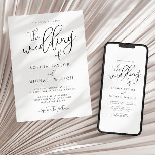 Stylish Modern Script Black And White Wedding Invitation