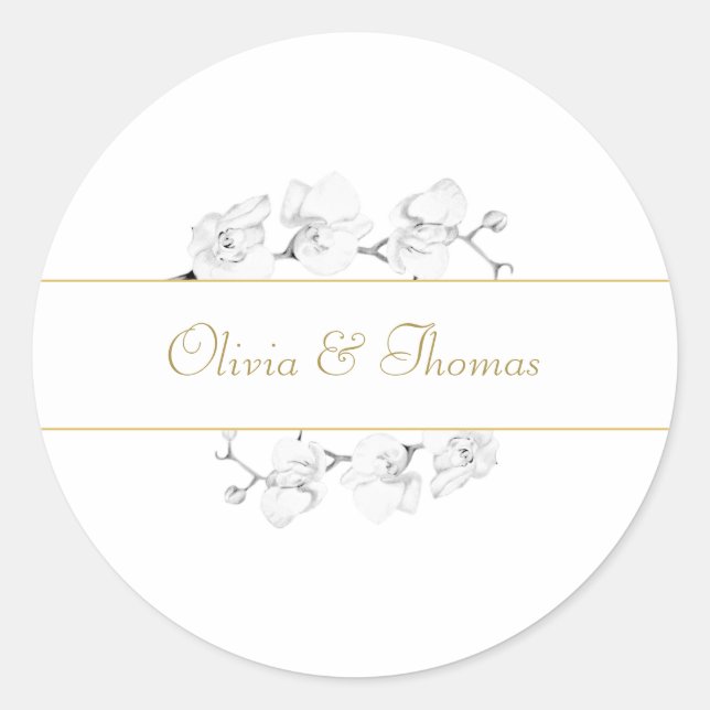 Stylish Modern Script Floral Gold Orchid Wedding Classic Round Sticker (Front)