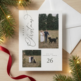 Stylish Modern Script Green Family Photo Christmas Holiday Card