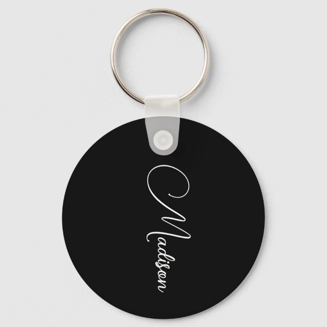 Stylish Modern Script Name Black Keychain (Front)