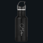 Stylish Modern Script Name Black Stainless Steel Water Bottle<br><div class="desc">A simple,  stylish,  script name water bottle with white typography on black. Minimalist style. Available in 2 sizes.</div>