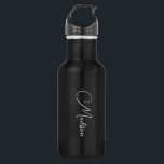 Stylish Modern Script Name Black Stainless Steel Water Bottle<br><div class="desc">A simple,  stylish,  script name water bottle with white typography on black. Minimalist style. Available in 2 sizes.</div>