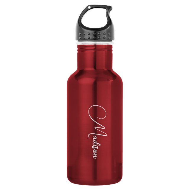 Stylish Modern Script Name Red Stainless Steel Water Bottle (Front)