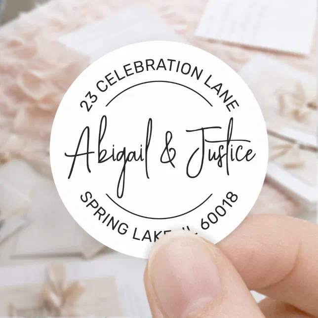 Stylish Modern Script Round Return Address Wedding Classic Round ...