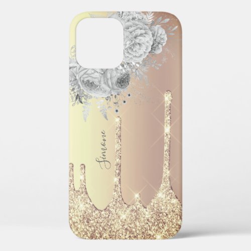 Stylish modern silver floral gold glitter drips iPhone 12 case