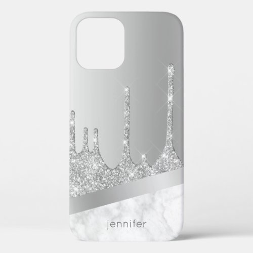 Stylish modern silver glitter drips marble custom iPhone 12 case