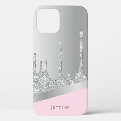 Stylish modern silver glitter drips pink custom iPhone 12 case