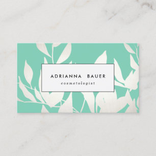 Stylish Modern Silver & Mint Green Leaves Pattern Business Card